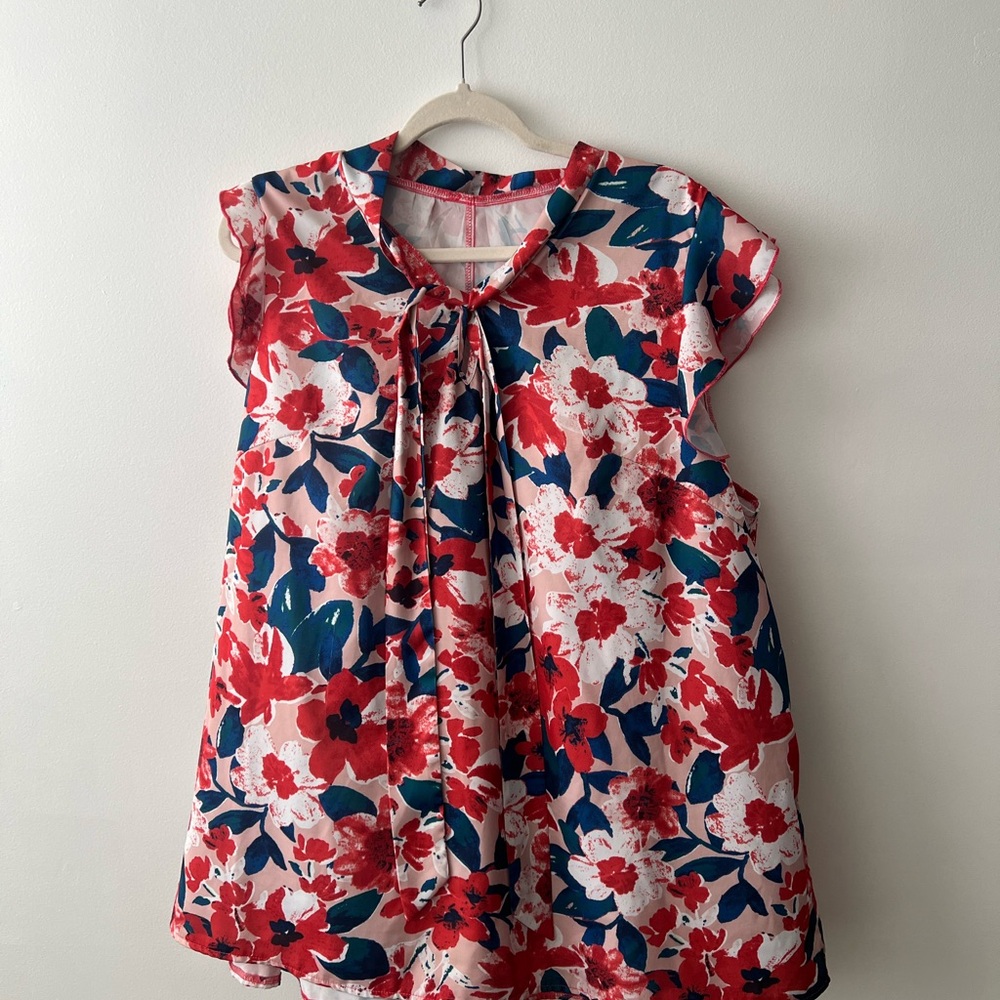 Tie Floral Top - Red and Blue